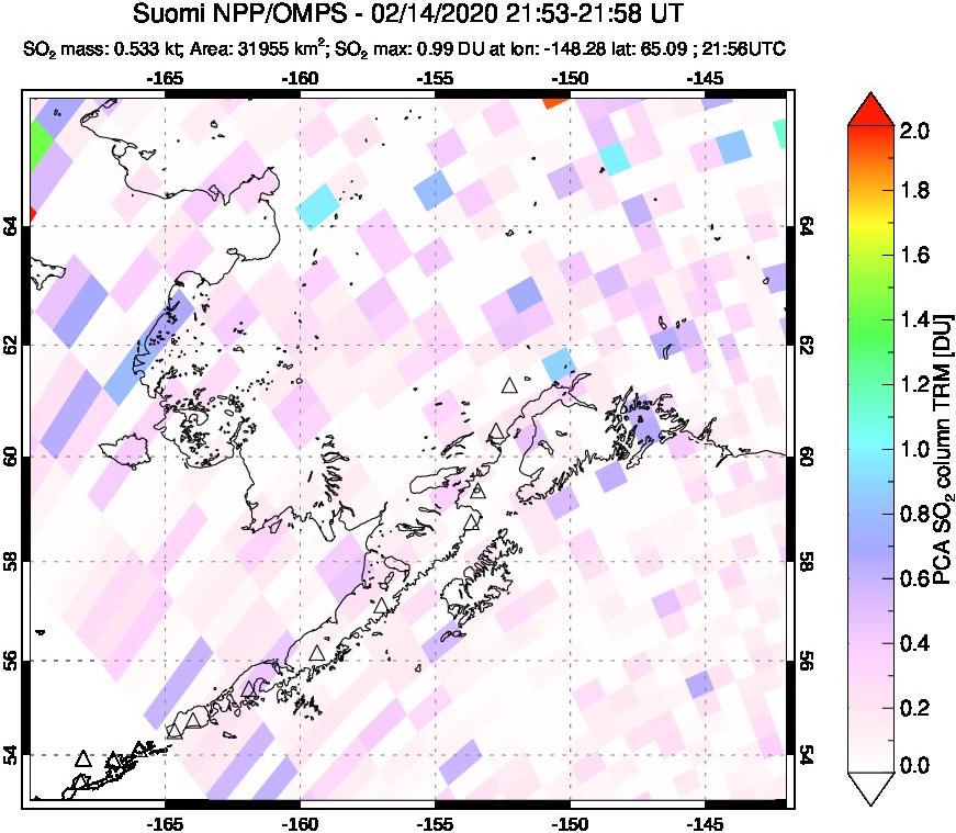 A sulfur dioxide image over Alaska, USA on Feb 14, 2020.
