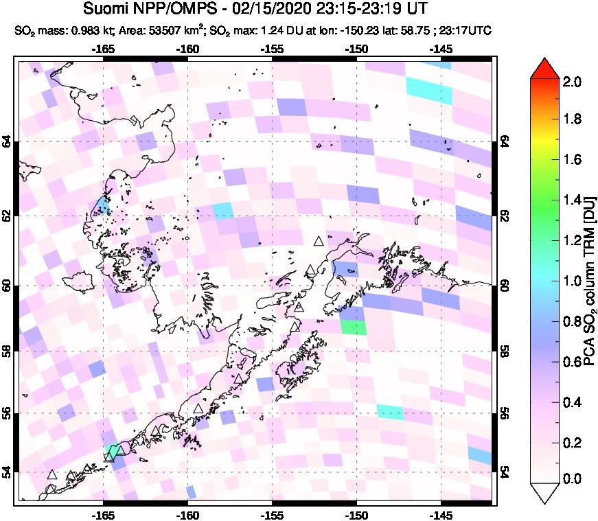 A sulfur dioxide image over Alaska, USA on Feb 15, 2020.