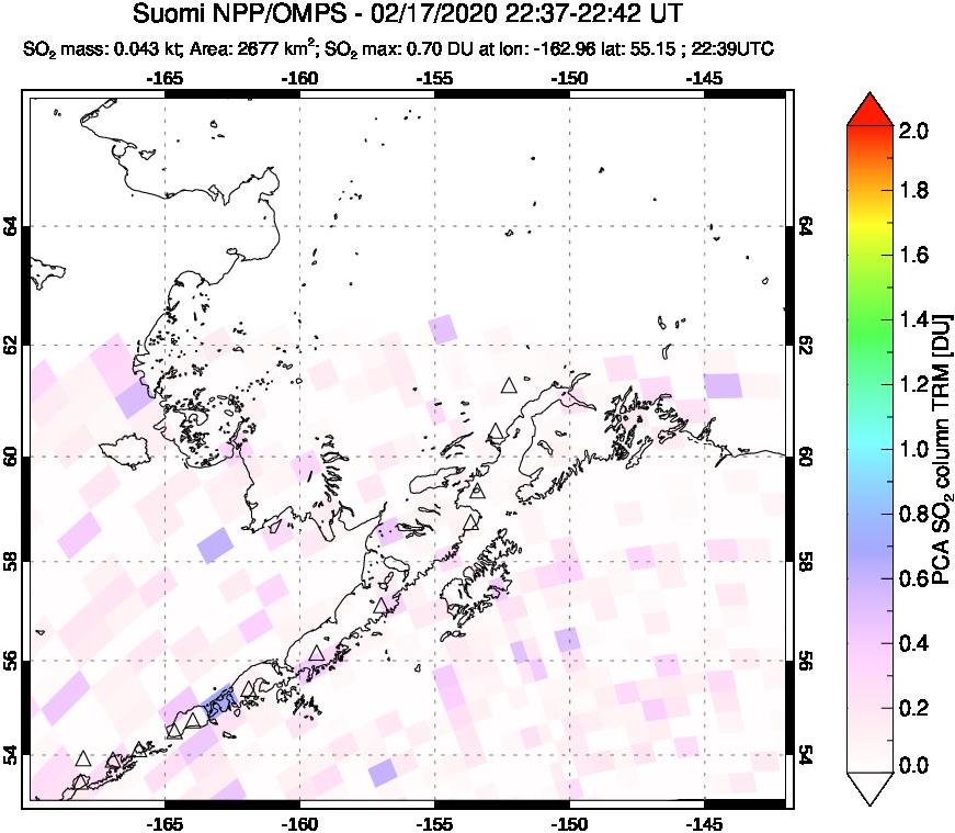 A sulfur dioxide image over Alaska, USA on Feb 17, 2020.