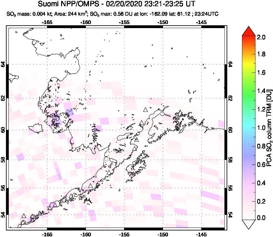A sulfur dioxide image over Alaska, USA on Feb 20, 2020.