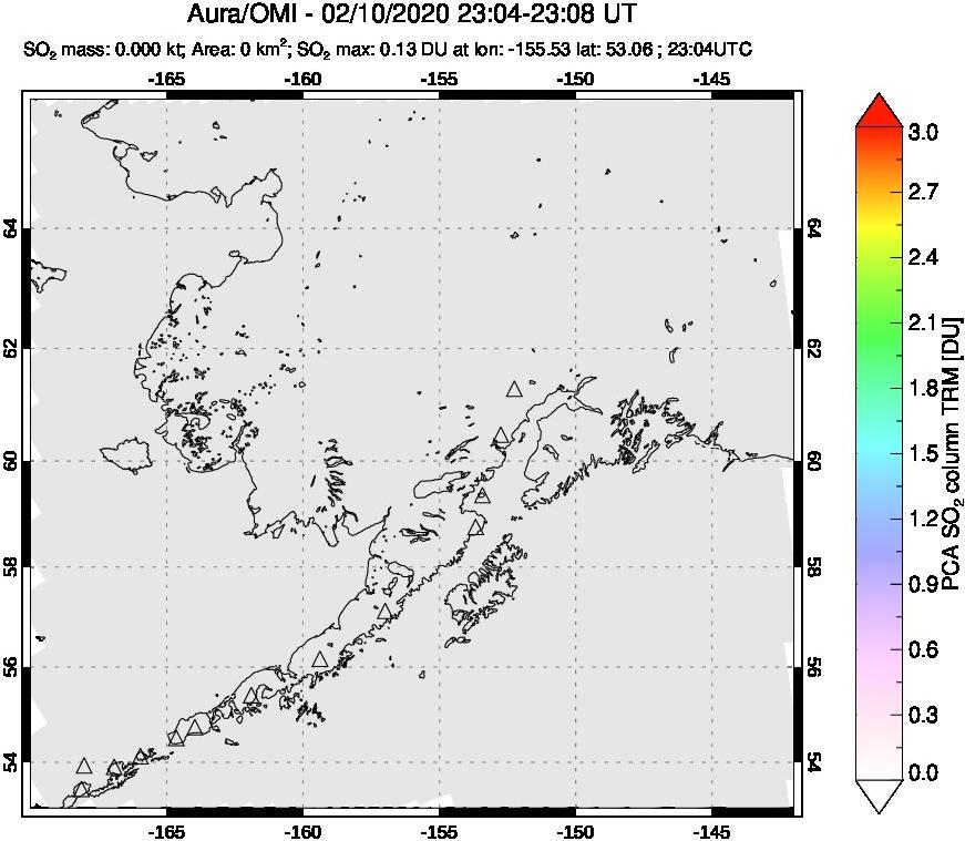 A sulfur dioxide image over Alaska, USA on Feb 10, 2020.