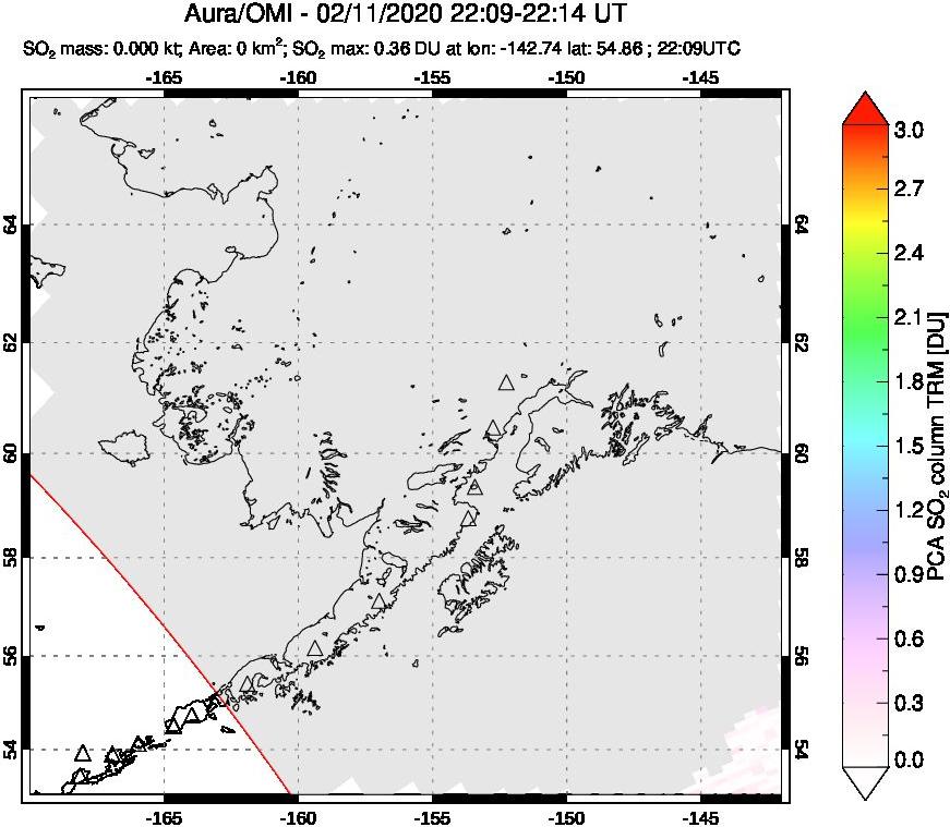 A sulfur dioxide image over Alaska, USA on Feb 11, 2020.