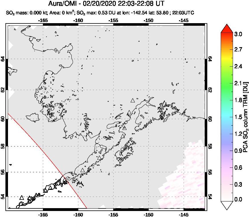A sulfur dioxide image over Alaska, USA on Feb 20, 2020.