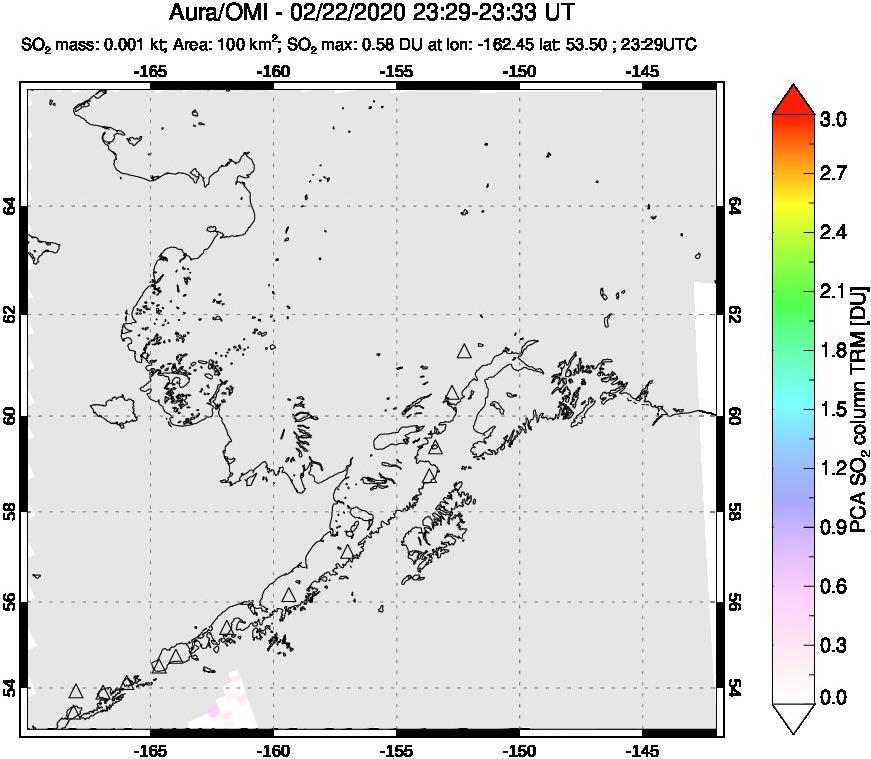 A sulfur dioxide image over Alaska, USA on Feb 22, 2020.