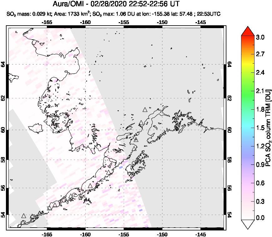 A sulfur dioxide image over Alaska, USA on Feb 28, 2020.