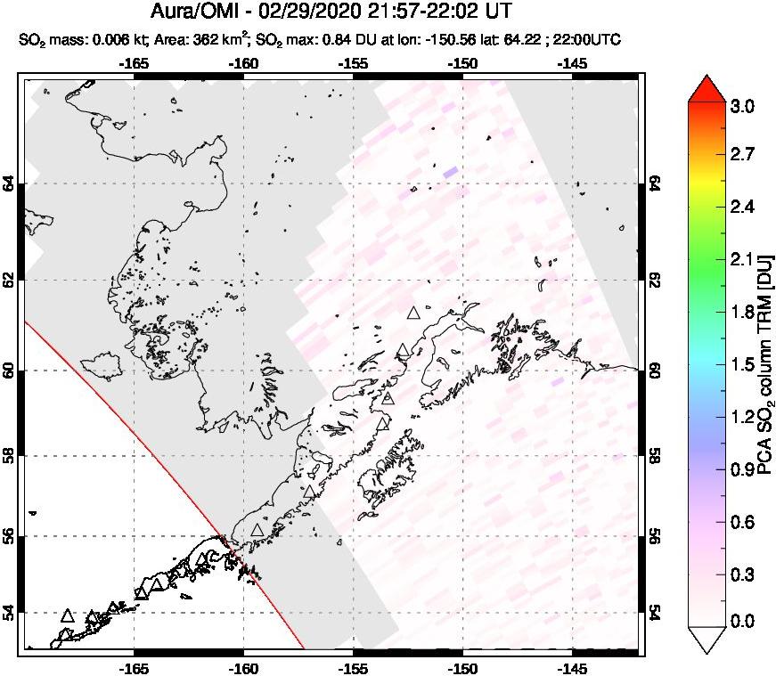A sulfur dioxide image over Alaska, USA on Feb 29, 2020.