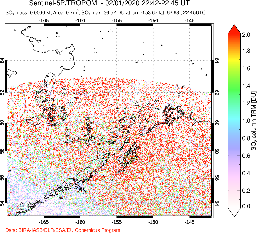 A sulfur dioxide image over Alaska, USA on Feb 01, 2020.