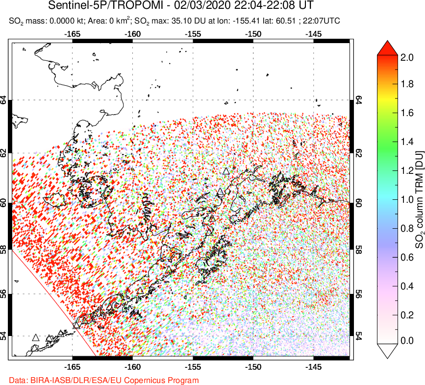 A sulfur dioxide image over Alaska, USA on Feb 03, 2020.