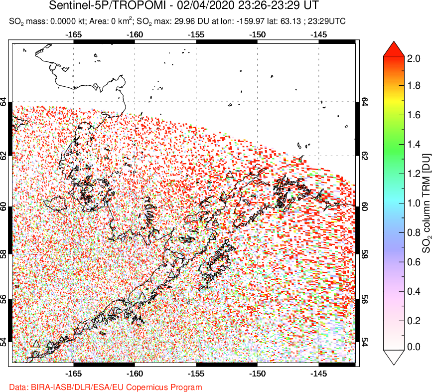 A sulfur dioxide image over Alaska, USA on Feb 04, 2020.
