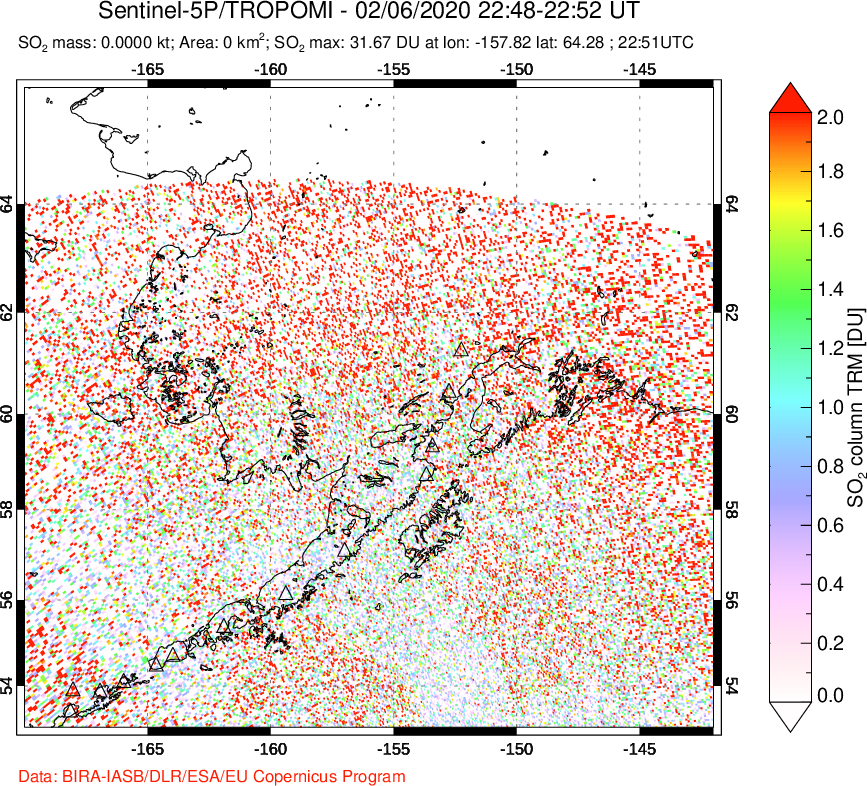 A sulfur dioxide image over Alaska, USA on Feb 06, 2020.