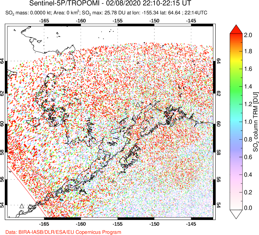 A sulfur dioxide image over Alaska, USA on Feb 08, 2020.