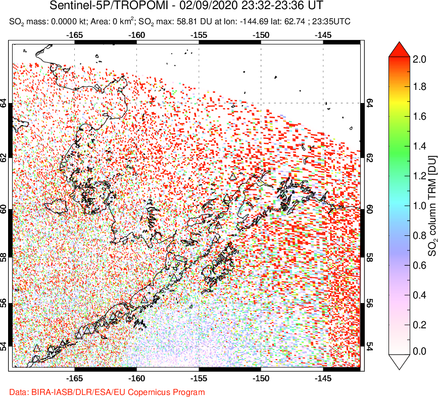 A sulfur dioxide image over Alaska, USA on Feb 09, 2020.