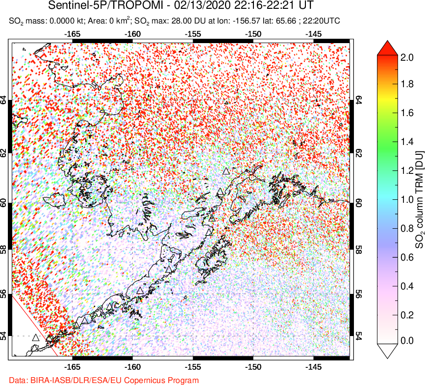 A sulfur dioxide image over Alaska, USA on Feb 13, 2020.