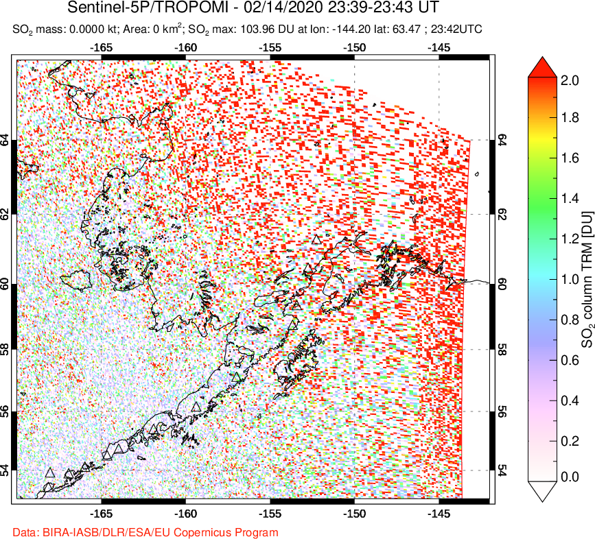 A sulfur dioxide image over Alaska, USA on Feb 14, 2020.