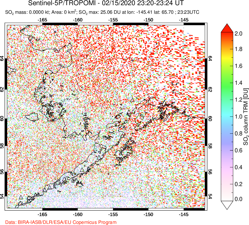 A sulfur dioxide image over Alaska, USA on Feb 15, 2020.