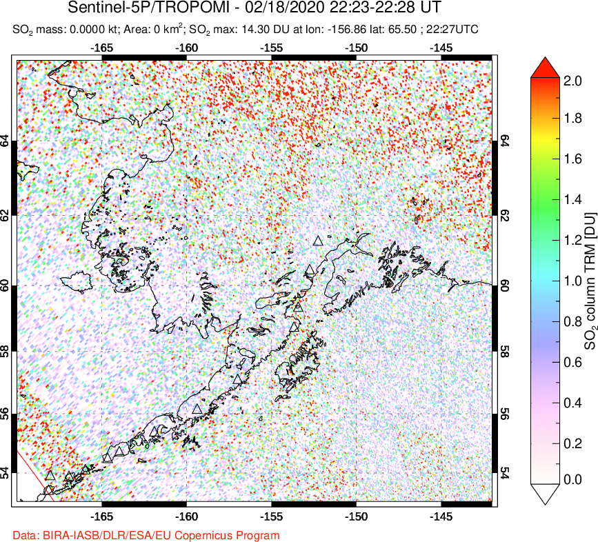 A sulfur dioxide image over Alaska, USA on Feb 18, 2020.