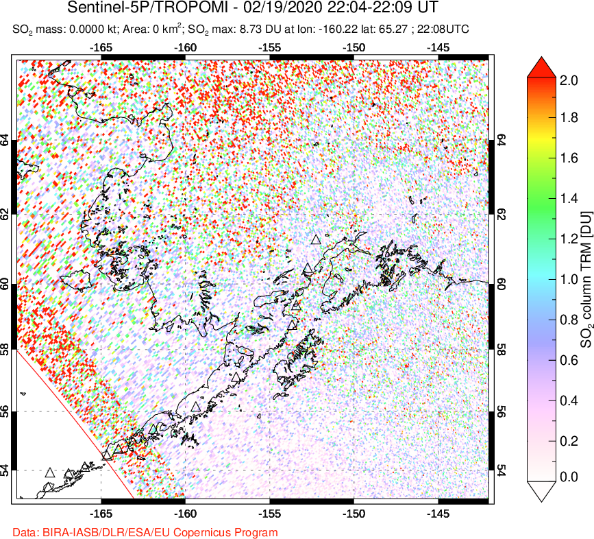 A sulfur dioxide image over Alaska, USA on Feb 19, 2020.