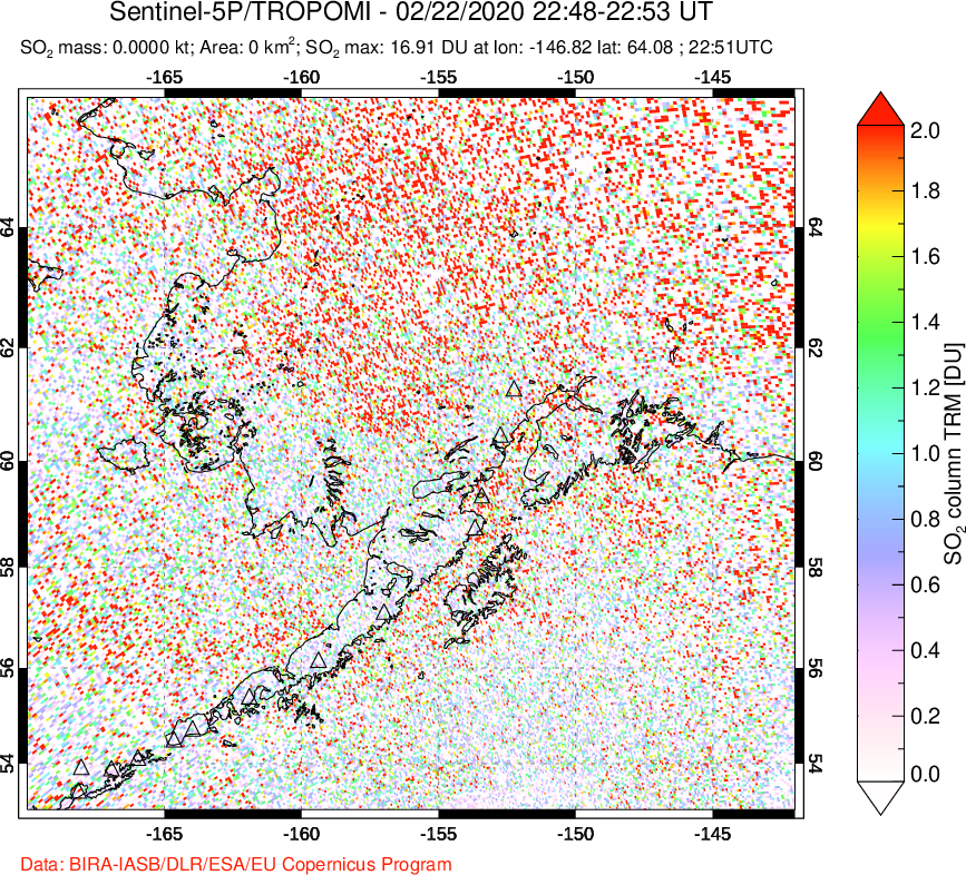 A sulfur dioxide image over Alaska, USA on Feb 22, 2020.