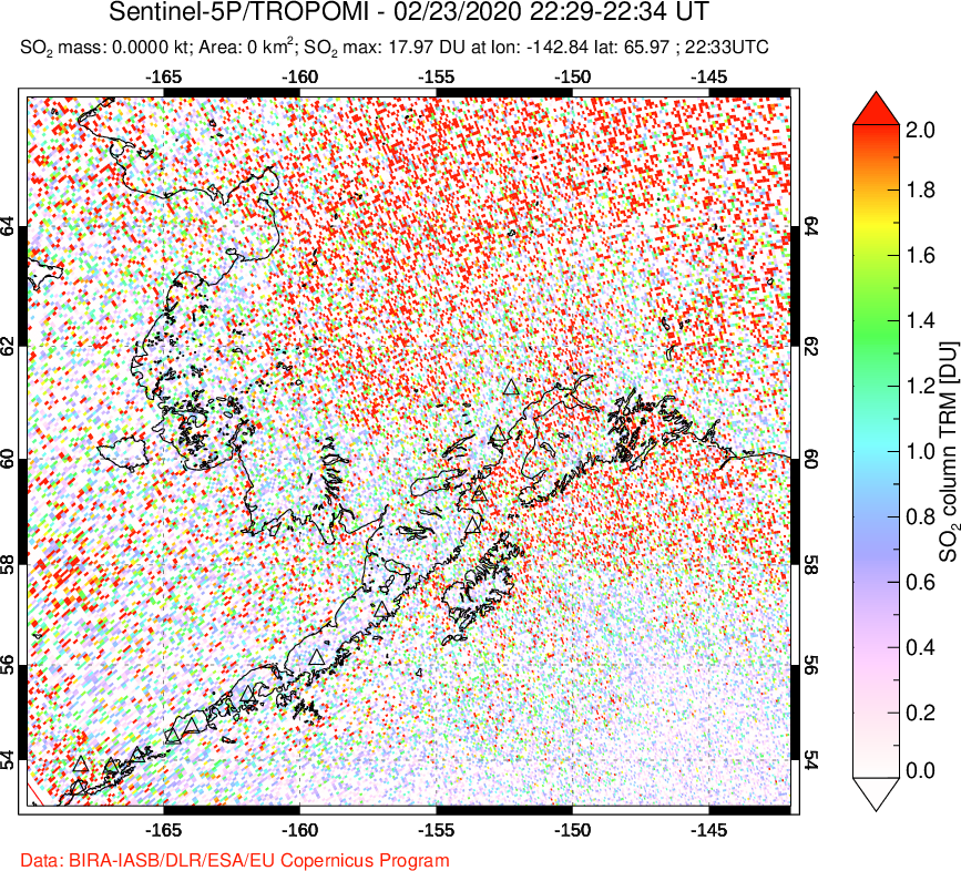 A sulfur dioxide image over Alaska, USA on Feb 23, 2020.
