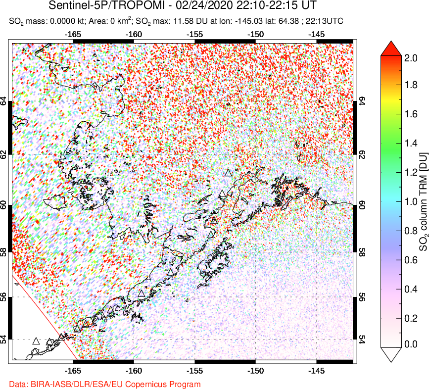 A sulfur dioxide image over Alaska, USA on Feb 24, 2020.