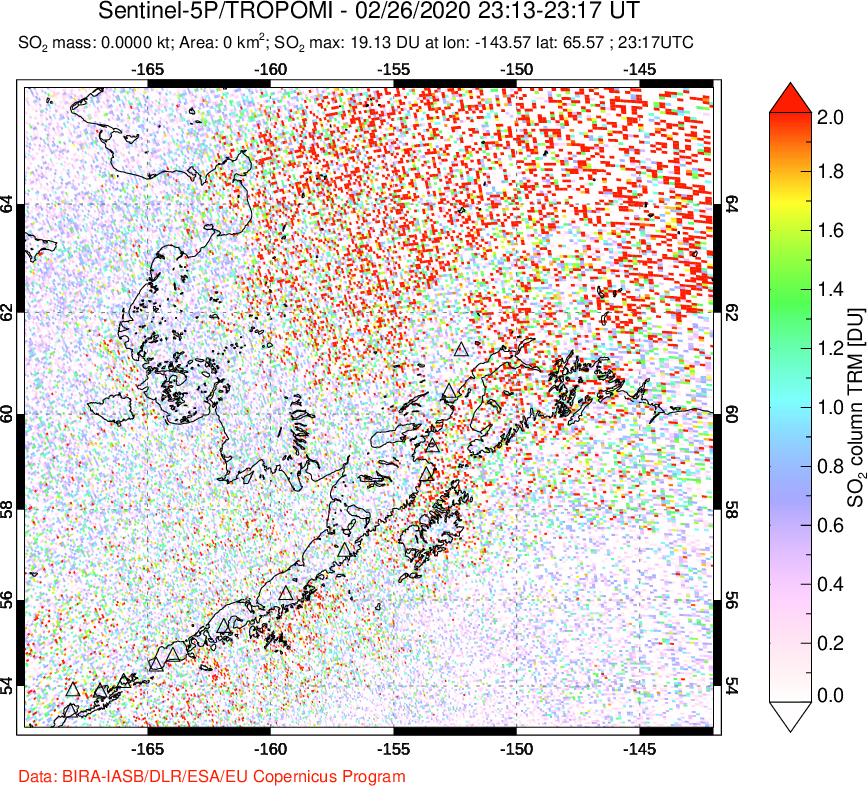 A sulfur dioxide image over Alaska, USA on Feb 26, 2020.
