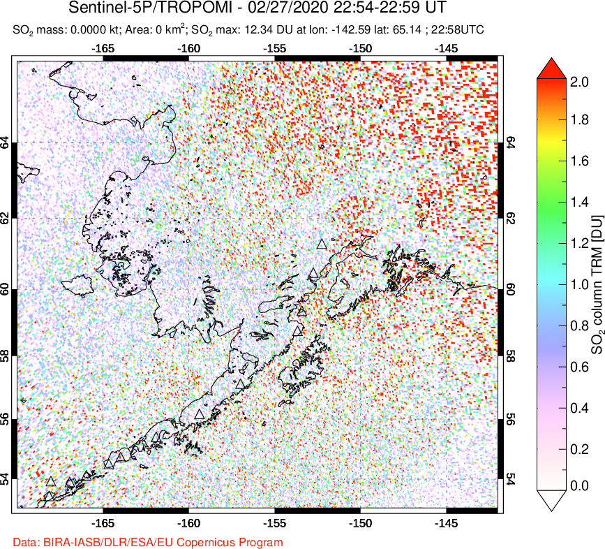 A sulfur dioxide image over Alaska, USA on Feb 27, 2020.