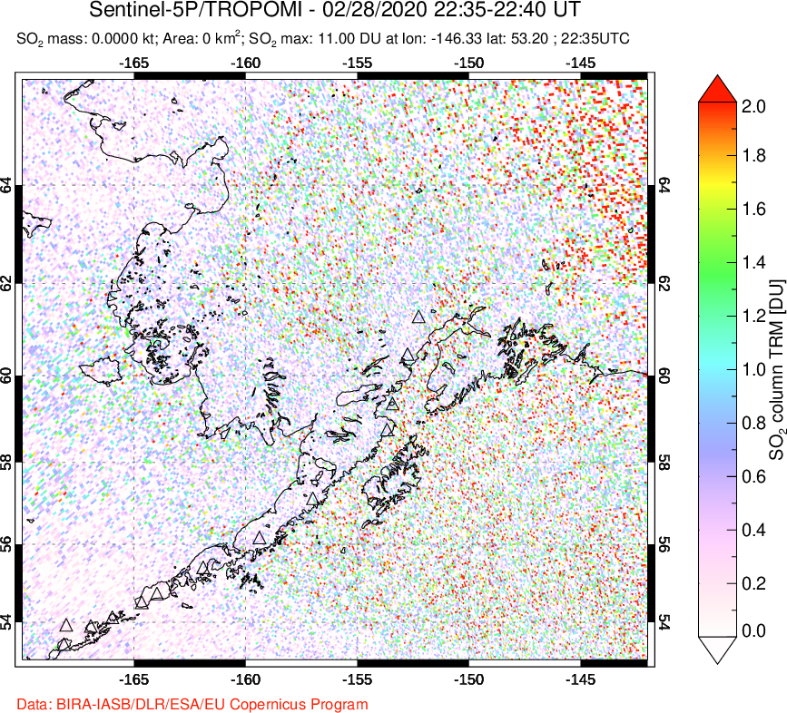 A sulfur dioxide image over Alaska, USA on Feb 28, 2020.
