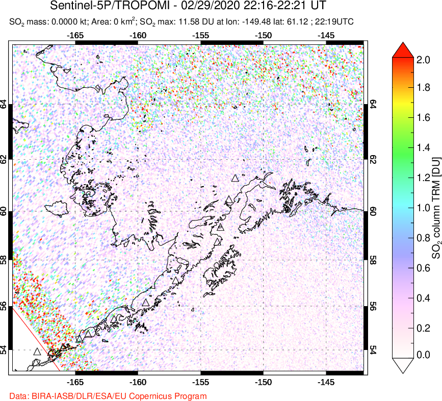 A sulfur dioxide image over Alaska, USA on Feb 29, 2020.