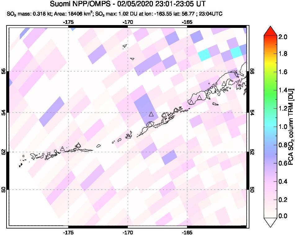 A sulfur dioxide image over Aleutian Islands, Alaska, USA on Feb 05, 2020.