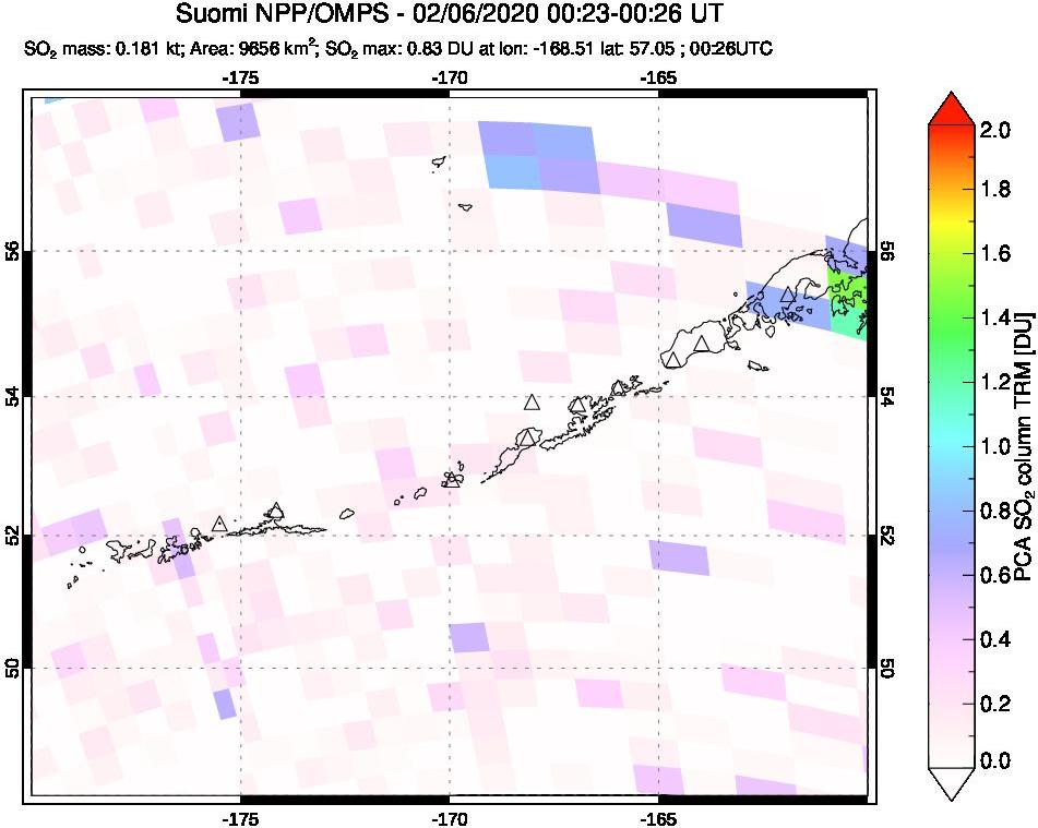 A sulfur dioxide image over Aleutian Islands, Alaska, USA on Feb 06, 2020.