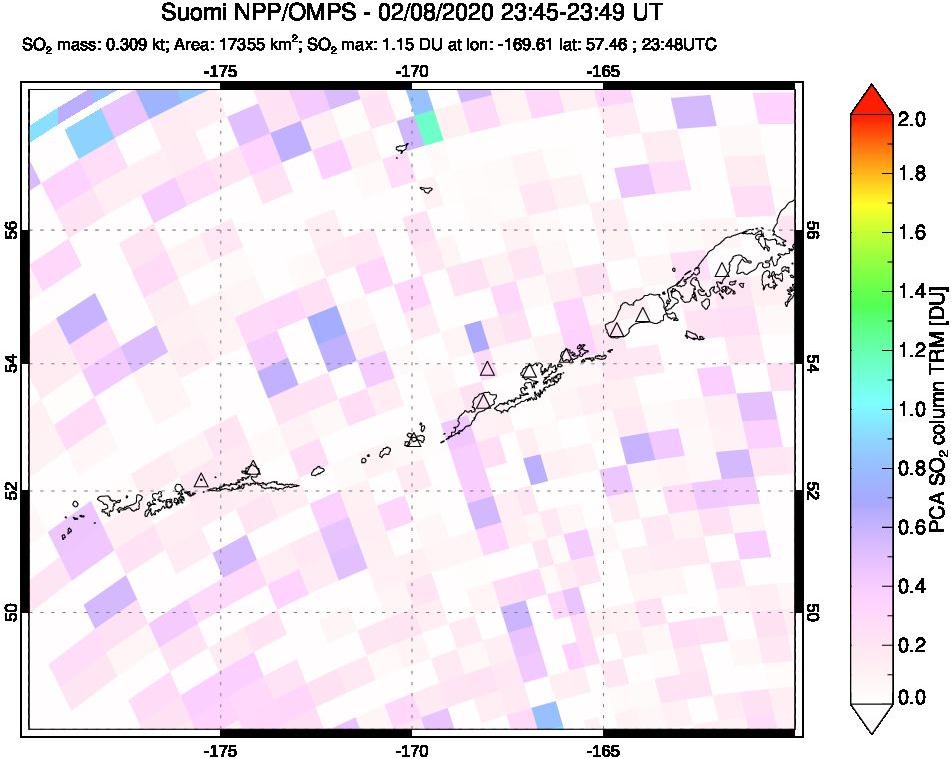 A sulfur dioxide image over Aleutian Islands, Alaska, USA on Feb 08, 2020.