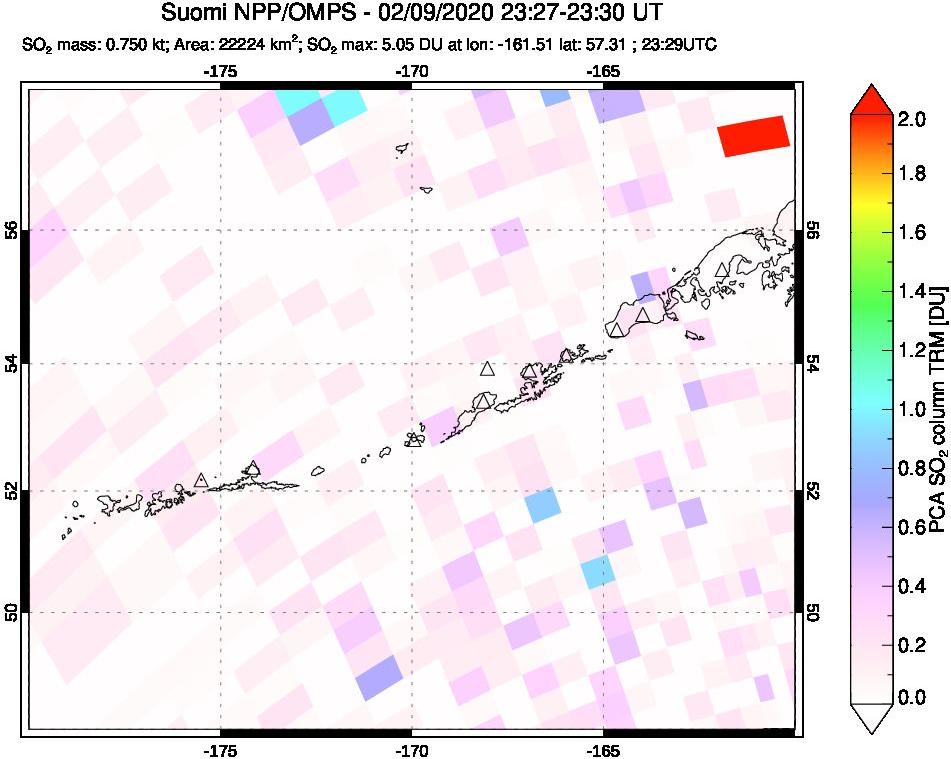 A sulfur dioxide image over Aleutian Islands, Alaska, USA on Feb 09, 2020.