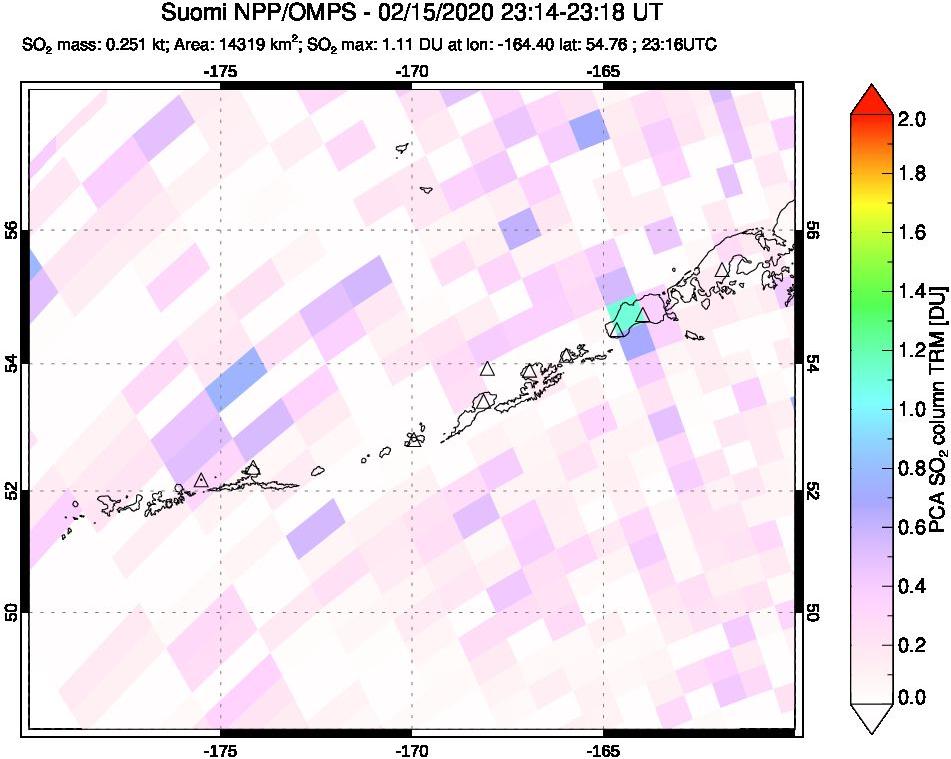 A sulfur dioxide image over Aleutian Islands, Alaska, USA on Feb 15, 2020.