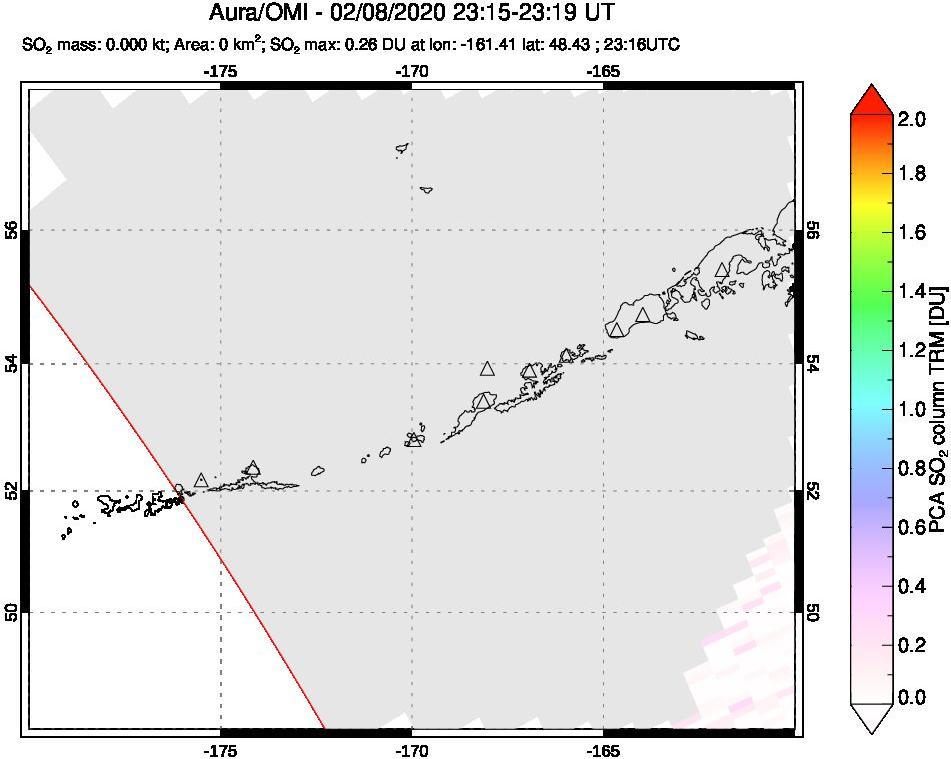 A sulfur dioxide image over Aleutian Islands, Alaska, USA on Feb 08, 2020.