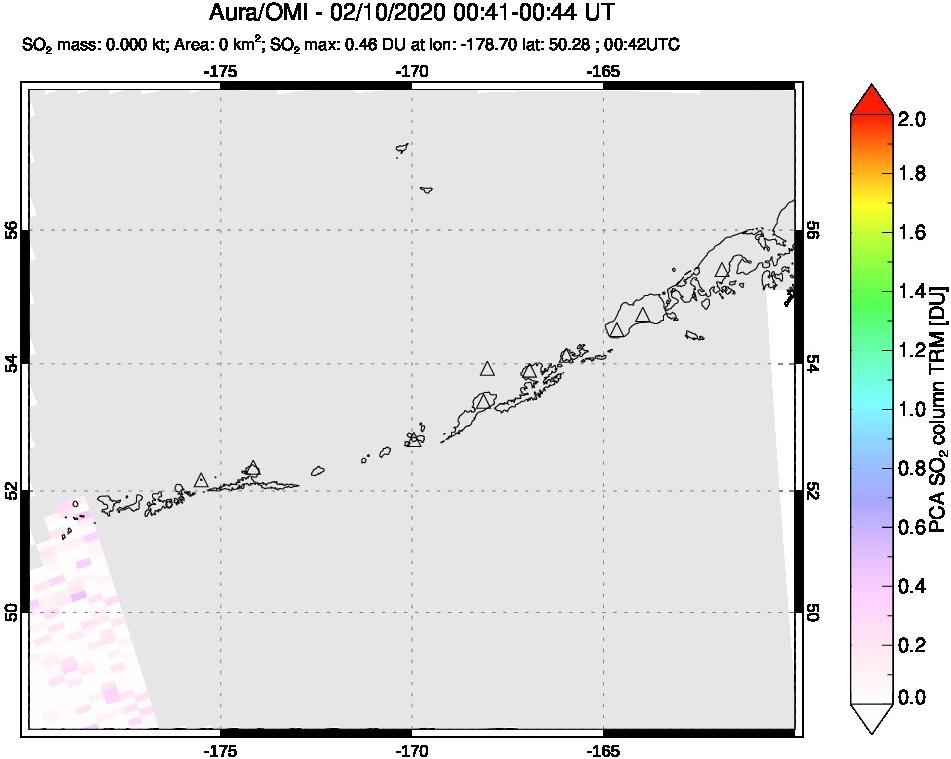 A sulfur dioxide image over Aleutian Islands, Alaska, USA on Feb 10, 2020.