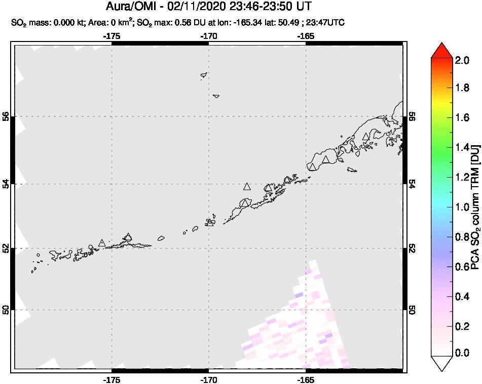 A sulfur dioxide image over Aleutian Islands, Alaska, USA on Feb 11, 2020.