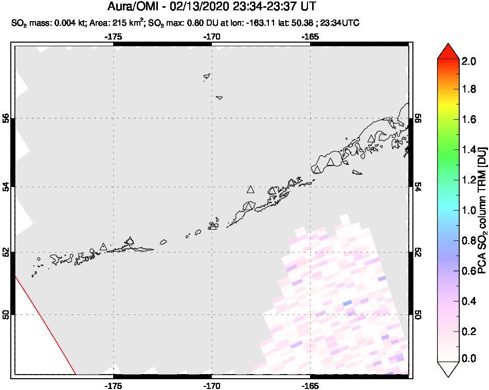 A sulfur dioxide image over Aleutian Islands, Alaska, USA on Feb 13, 2020.