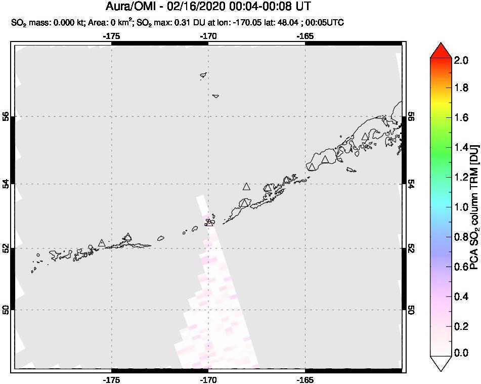 A sulfur dioxide image over Aleutian Islands, Alaska, USA on Feb 16, 2020.