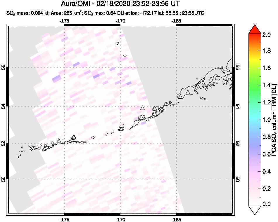 A sulfur dioxide image over Aleutian Islands, Alaska, USA on Feb 18, 2020.