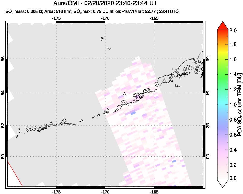 A sulfur dioxide image over Aleutian Islands, Alaska, USA on Feb 20, 2020.