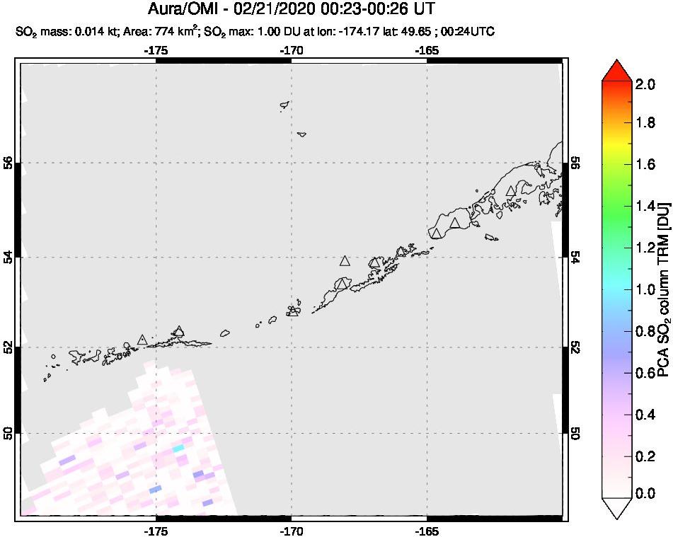 A sulfur dioxide image over Aleutian Islands, Alaska, USA on Feb 21, 2020.