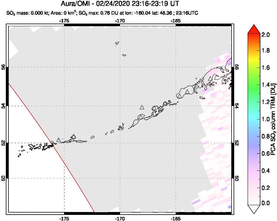 A sulfur dioxide image over Aleutian Islands, Alaska, USA on Feb 24, 2020.