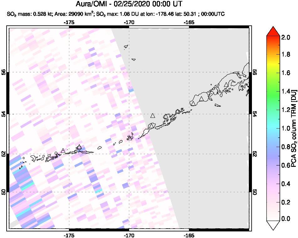 A sulfur dioxide image over Aleutian Islands, Alaska, USA on Feb 25, 2020.
