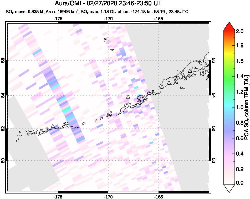 A sulfur dioxide image over Aleutian Islands, Alaska, USA on Feb 27, 2020.