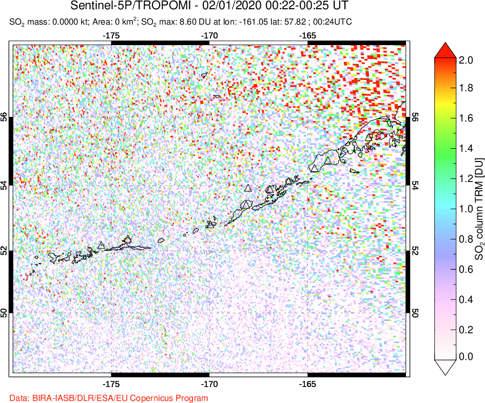 A sulfur dioxide image over Aleutian Islands, Alaska, USA on Feb 01, 2020.