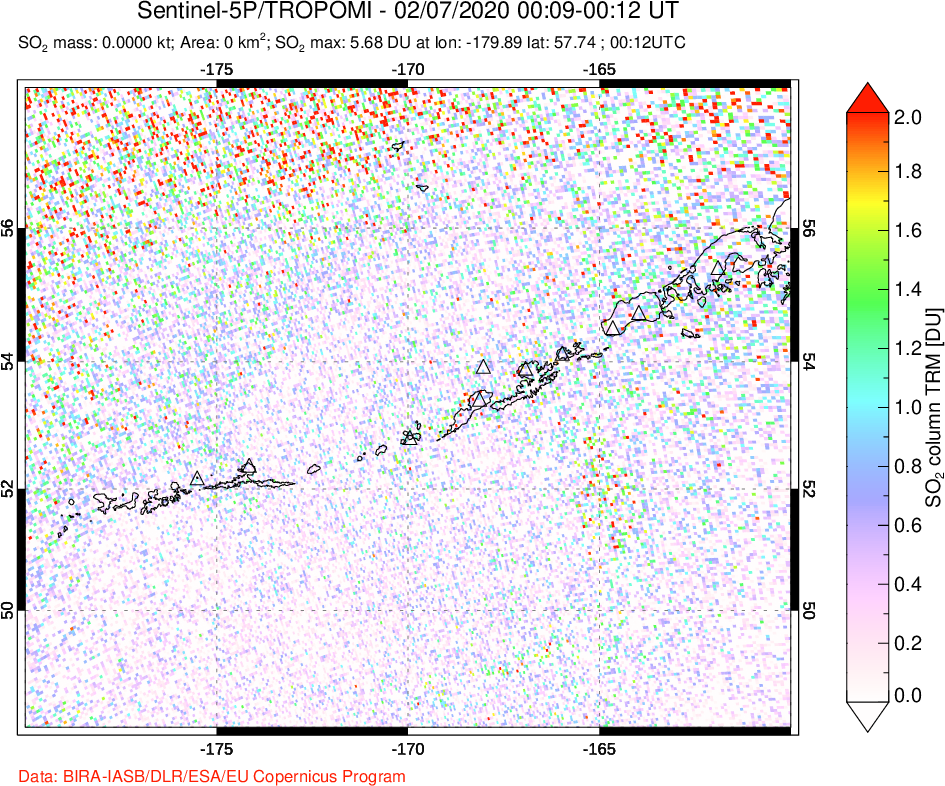 A sulfur dioxide image over Aleutian Islands, Alaska, USA on Feb 07, 2020.