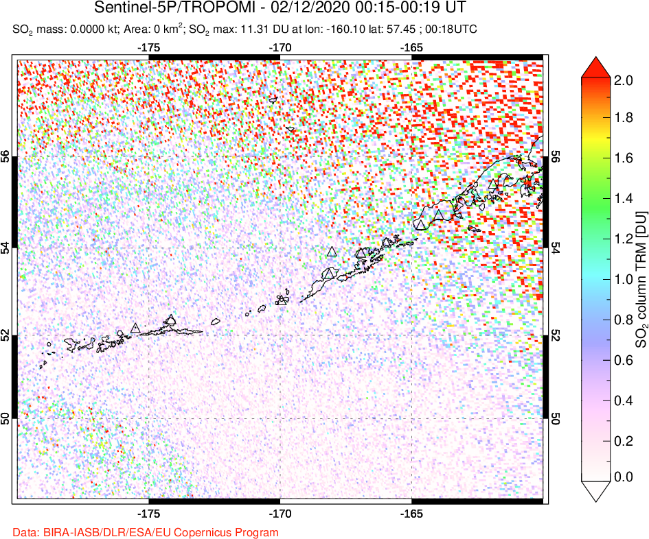A sulfur dioxide image over Aleutian Islands, Alaska, USA on Feb 12, 2020.