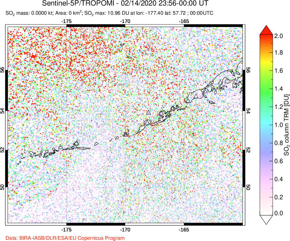 A sulfur dioxide image over Aleutian Islands, Alaska, USA on Feb 14, 2020.