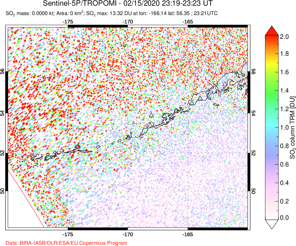 A sulfur dioxide image over Aleutian Islands, Alaska, USA on Feb 15, 2020.