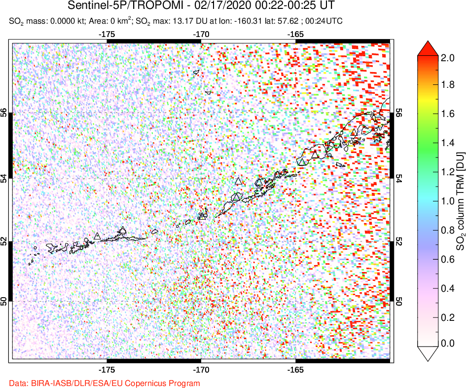 A sulfur dioxide image over Aleutian Islands, Alaska, USA on Feb 17, 2020.